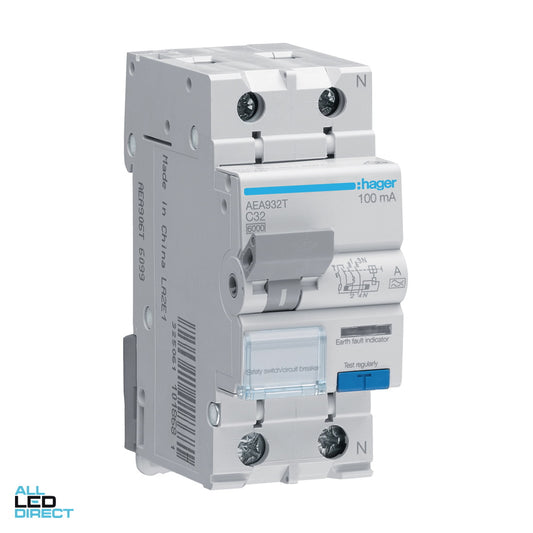 Hager 32 Amp Miniature Circuit Breaker & Residual Current Device MCB/RCD RCBO C Curve 2 Pole 6kA 100mA ALL LED Direct