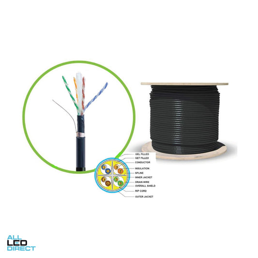 Serveredge CAT6A 305m FUTP 23AWG Shielded Gel Filled Double Jacket Outdoor Network Cable Reel - BLACK ALL LED Direct
