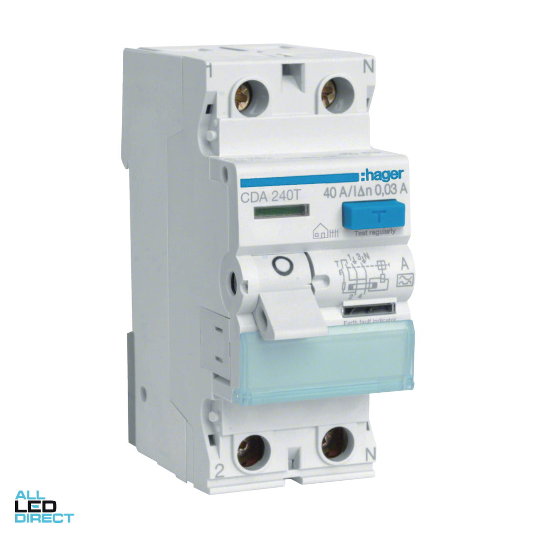 Hager 40 Amp Residual Current Circuit Breaker RCCB 2 Pole Type A 30mA ALL LED Direct