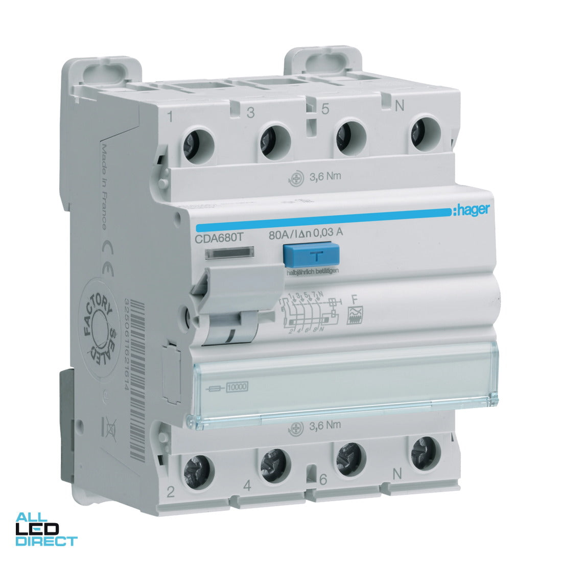 Hager 80 Amp Residual Current Circuit Breaker RCCB 4 Pole Type A 30mA ALL LED Direct