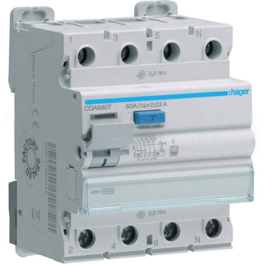 Hager 80 Amp Miniature Circuit Breaker & Residual Current Device MCB/RCD RCBO 4 Pole 30mA