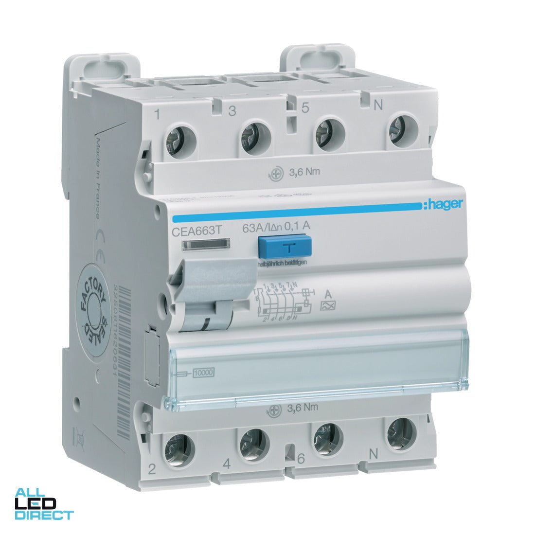 Hager 63 Amp Residual Current Circuit Breaker RCCB 3 Pole + Neutral Type A 100mA ALL LED Direct