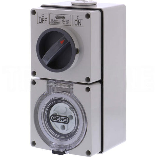 GEN3 20 Amp Single Phase 3 Round Pins Industrial Switched Outlet Grey