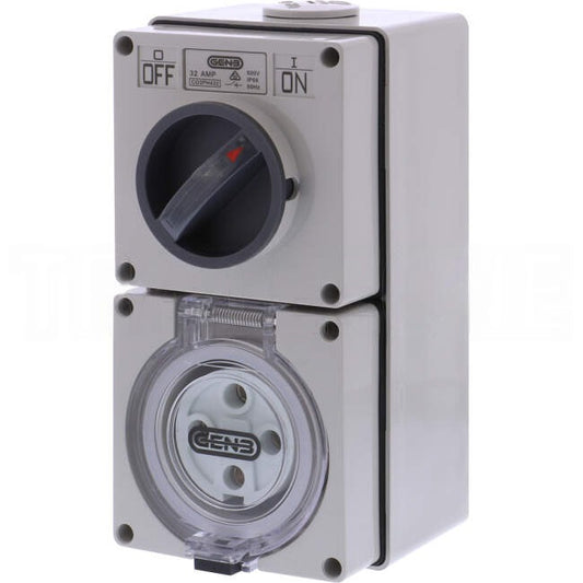 GEN3 32 Amp 3 Phase 4 Round Pins Industrial Switched Outlet Grey