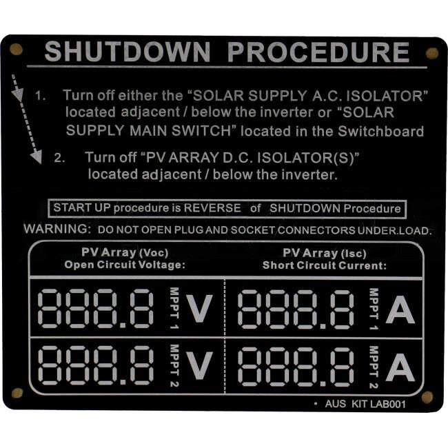 Cobalt Solar Energy Aluminium Shutdown Procedure Label Each