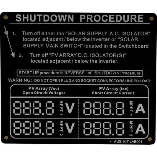 Cobalt Solar Energy Aluminium Shutdown Procedure Label Each