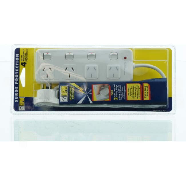 HPM 10 Amp 4 Gang Switched Powerboard With 1.8 Metre Lead & Surge Protection White