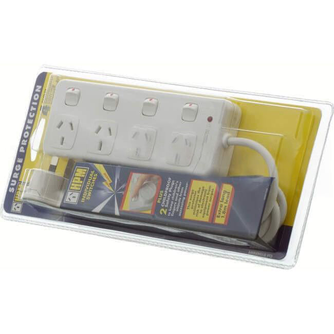 HPM 10 Amp 4 Gang Switched Powerboard With 1.8 Metre Lead & Surge Protection White