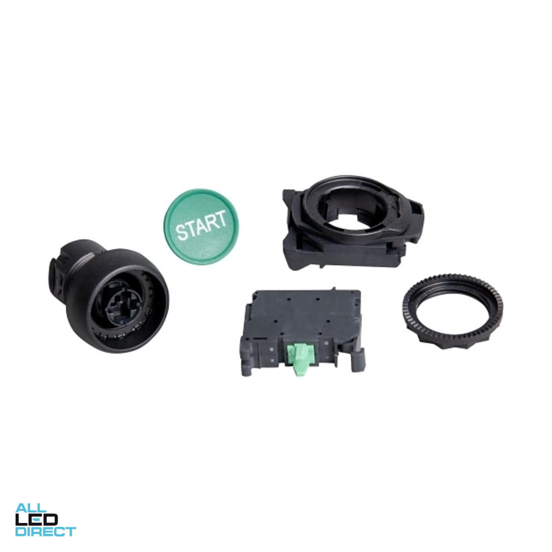 NHP 22.5mm Push Button With 1 x N/O Contact Plastic Green Engraved With START ALL LED Direct