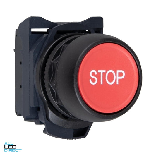 NHP 22.5mm Push Button With 1 x N/C Contact Plastic Red Engraved With STOP ALL LED Direct