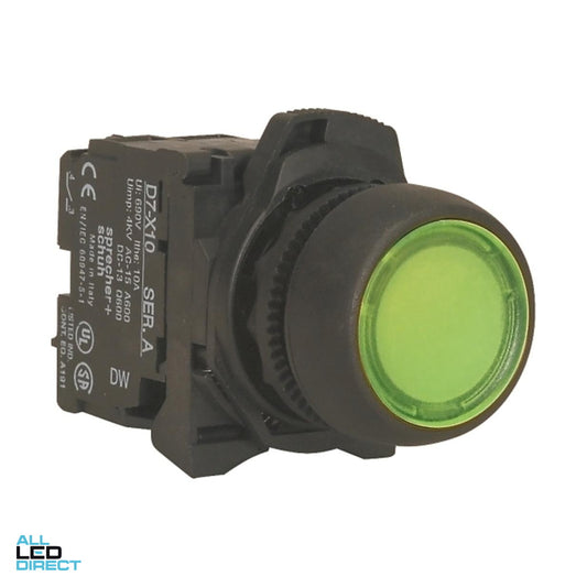 NHP 24 Volt AC or DC 22.5mm Push Button With 1 x N/O Contact Plastic Green ALL LED Direct