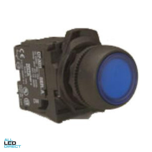 NHP 24 Volt AC or DC 22.5mm Push Button With 1 x N/O Contact Plastic Blue ALL LED Direct