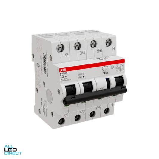 ABB 32 Amp MCB/RCD RCBO C Curve 4 Pole 6kA 30mA Type A