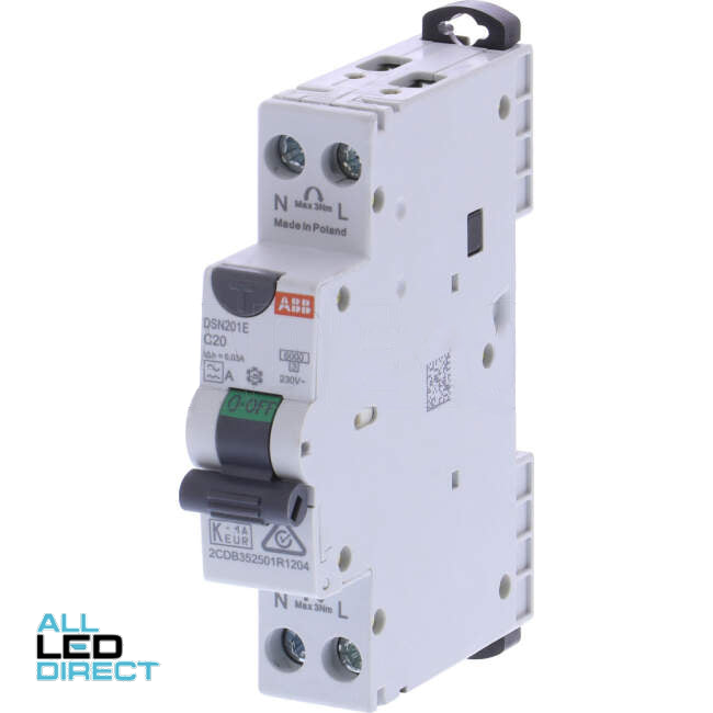ABB 20 Amp Miniature Circuit Breaker & Residual Current Device MCB/RCD RCBO C Curve 1 Pole With Neutral AC 6kA 30mA Type A