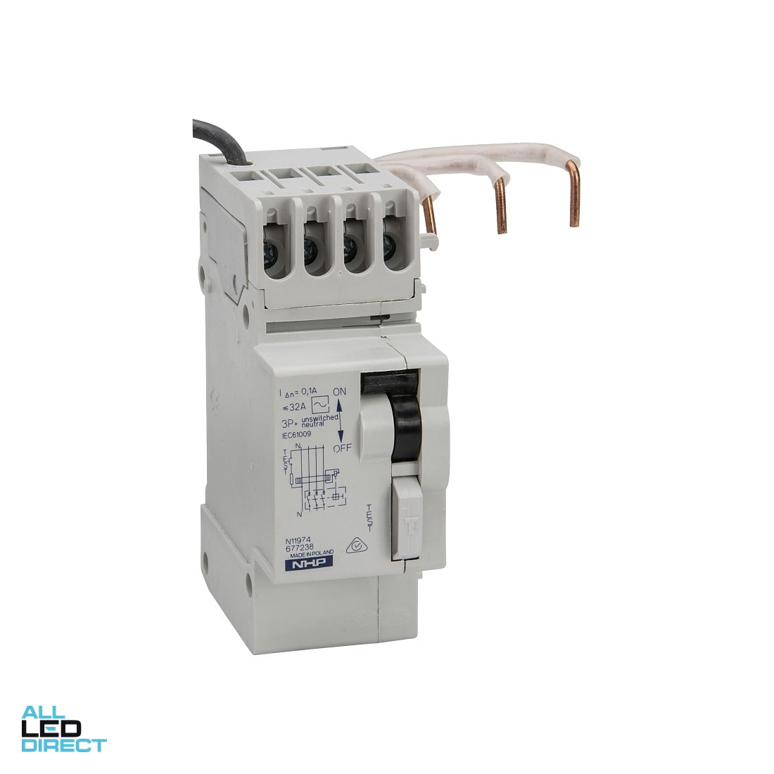 NHP 32 Amp DIN-SAFE 30mA 3 Pole Plus Neutral Clip On Residual Current Device RCD Modual ALL LED Direct