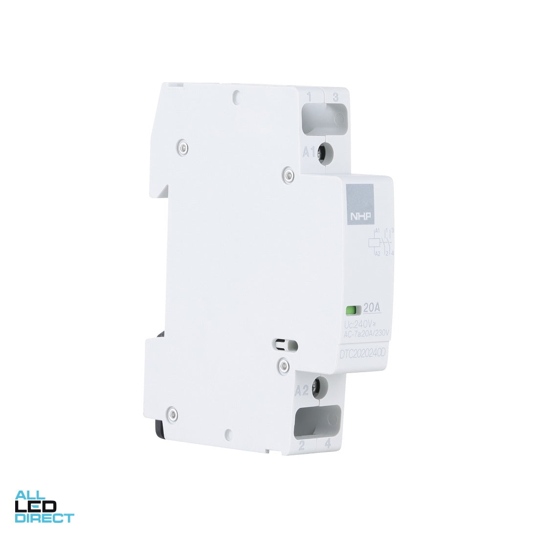 NHP 7 Amp to 20 Amp 2 Pole 4kW Din Mount Contactor With 240 Volt AC Coil & 2 x N/O Auxiliary Contacts ALL LED Direct