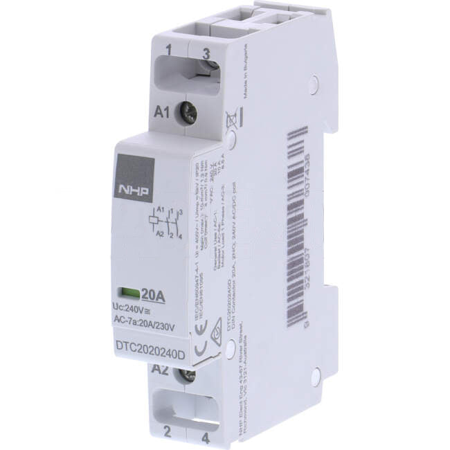 NHP 7 Amp to 20 Amp 2 Pole 4kW Din Mount Contactor With 240 Volt AC Coil & 2 x N/O Auxiliary Contacts