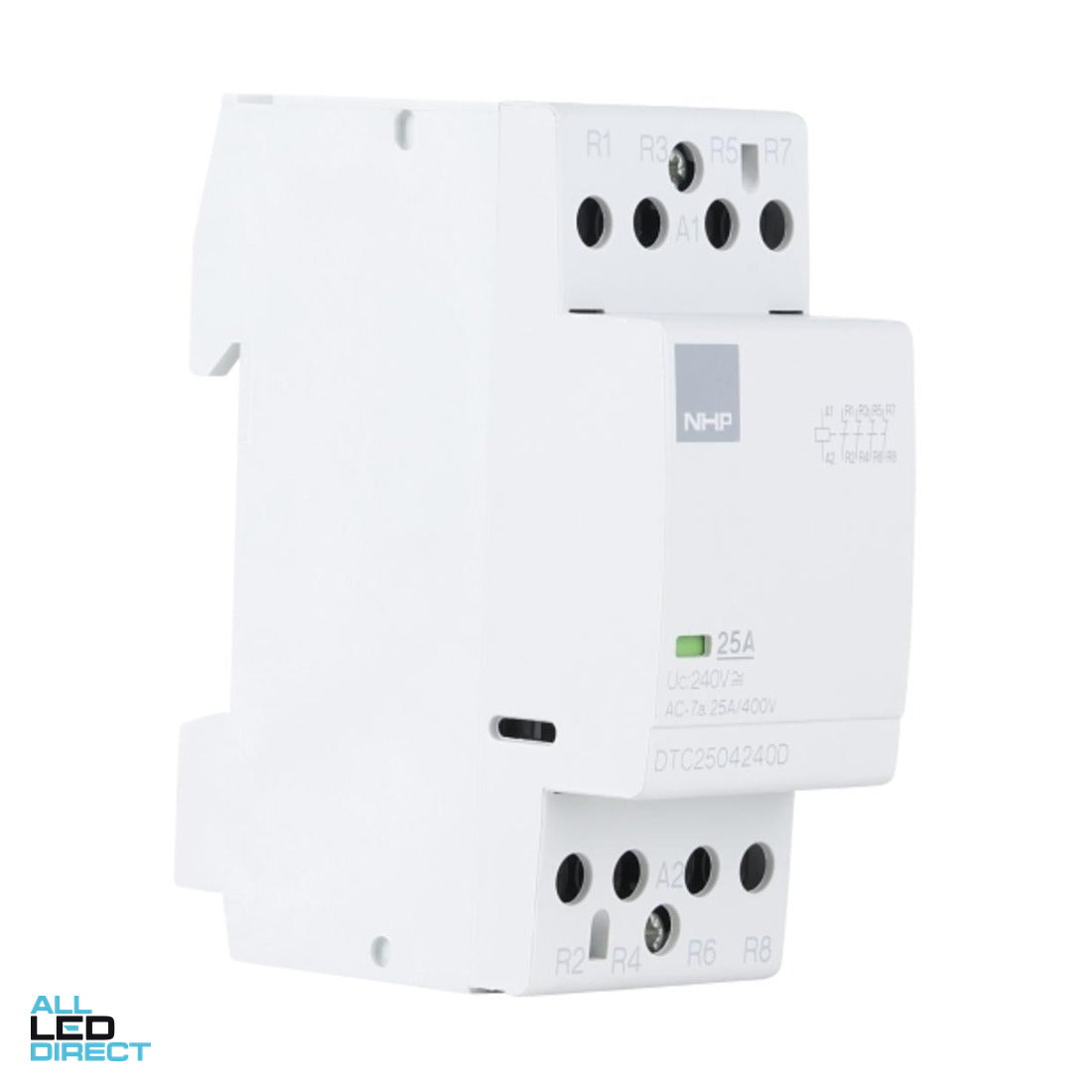 NHP 8.5 Amp to 25 Amp 4 Pole 5.4kW Din Mount Contactor With 240 Volt AC Coil & 4 x N/C Auxiliary Contacts ALL LED Direct