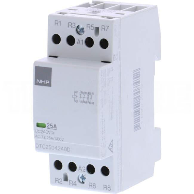 NHP 8.5 Amp to 25 Amp 4 Pole 5.4kW Din Mount Contactor With 240 Volt AC Coil & 4 x N/C Auxiliary Contacts