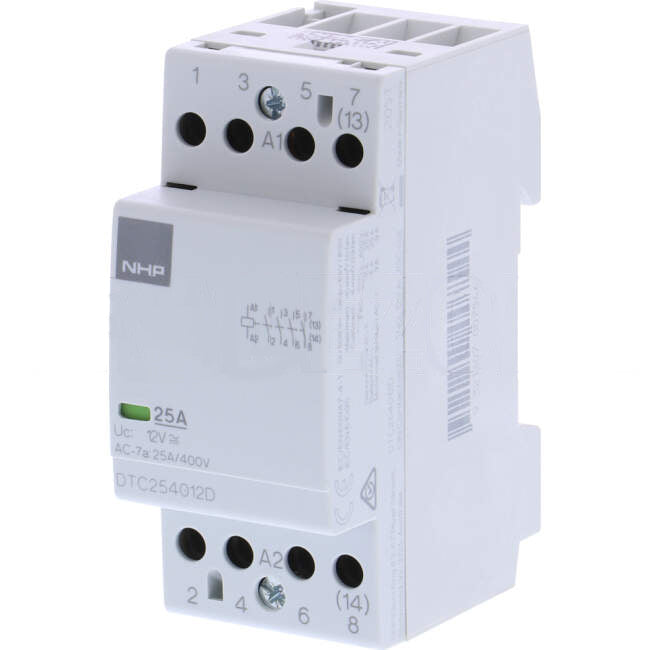 NHP 8.5 Amp to 25 Amp 4 Pole 5.4kW Contactor With 12 Volt AC Coil & 4 x N/O Auxilary Contacts