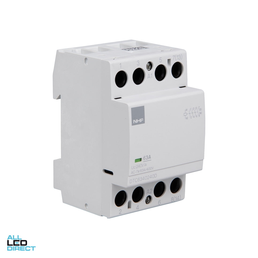 NHP 22 Amp to 63 Amp 4 Pole 13.3kW Din Mount Contactor With 240 Volt AC Coil & 4 x N/O Auxiliary Contacts ALL LED Direct