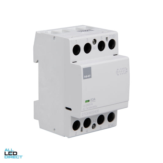 NHP 22 Amp to 63 Amp 4 Pole 13.3kW Din Mount Contactor With 240 Volt AC Coil & 4 x N/O Auxiliary Contacts ALL LED Direct