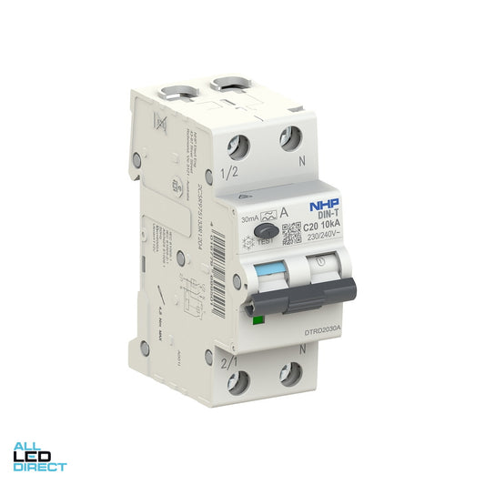 NHP 20 Amp DIN-T MCB/RCD RCBO C Curve 1 Pole + Switched Neutral Type A 10kA 30mA ALL LED Direct