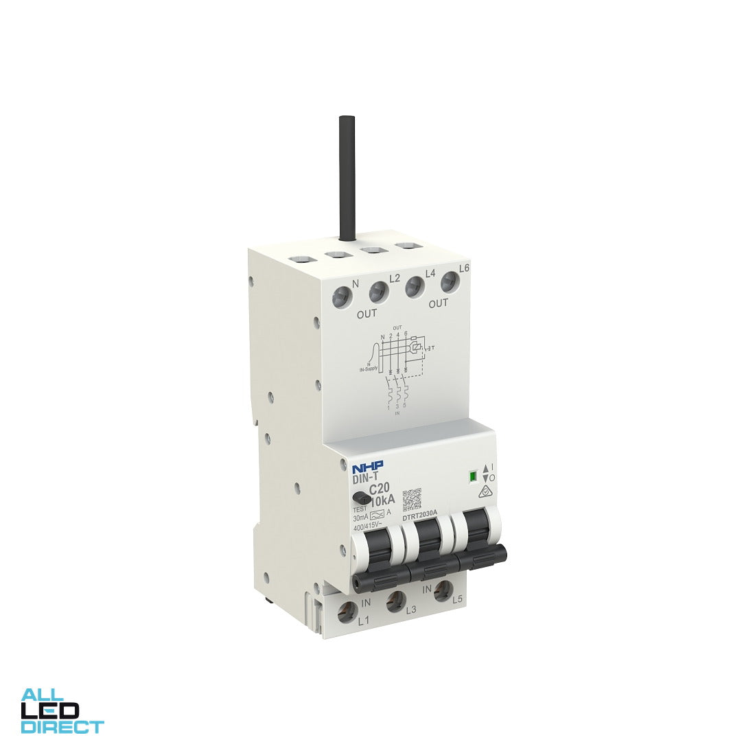 NHP 50 Amp 3 Pole DIN-T Longbody RCBO 3 Pole + C Curve Type A 10kA 30mA ALL LED Direct