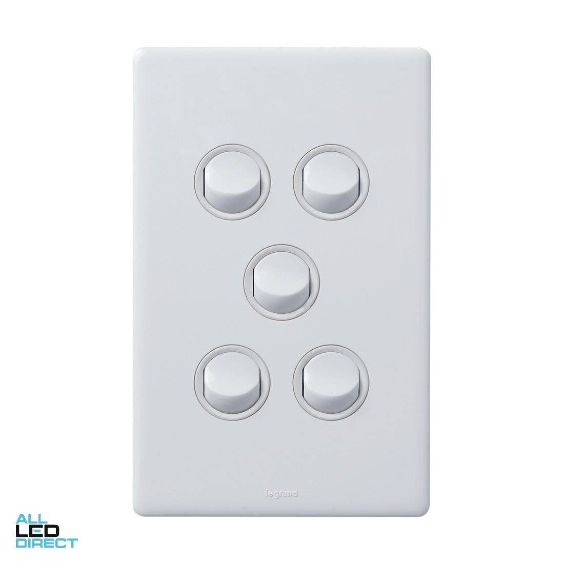 Legrand 16 Amp 5 Gang EXCEL LIFE DEDICATED Vertical Internal Rocker Switch White ALL LED Direct