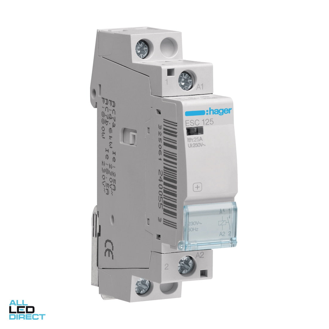 Hager 25 Amp (AC1) 1 Pole Contactor With 230 Volt AC Coil & 1 x N/O Auxilary Contact ALL LED Direct