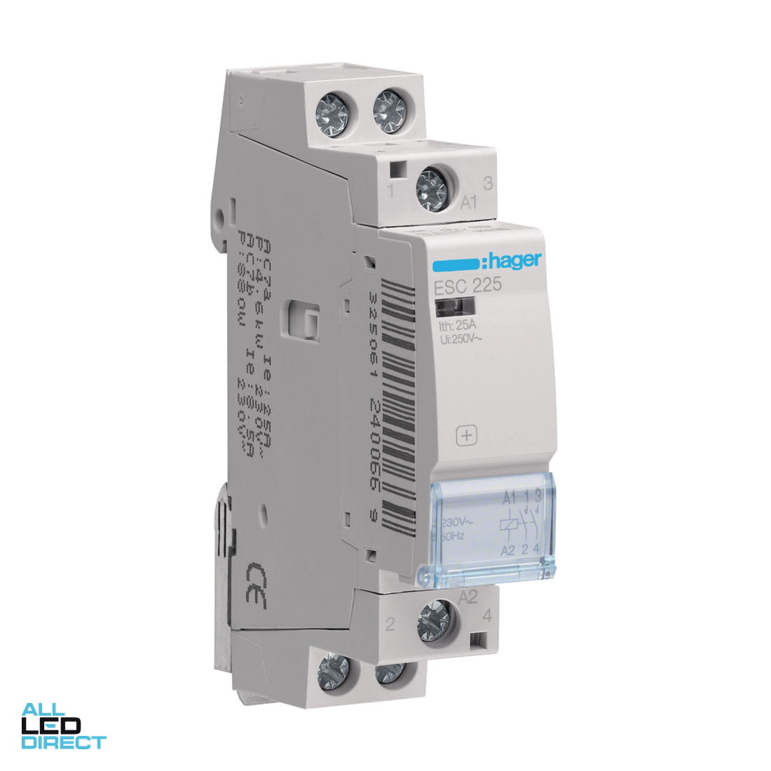 Hager 25 Amp (AC1) 2 Pole Contactor With 230 Volt AC Coil & 2 x N/O Auxilary Contact ALL LED Direct