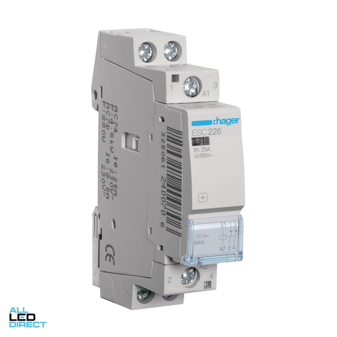 Hager 25 Amp (AC1) 2 Pole Contactor With 230 Volt AC Coil & 2 x N/C Auxilary Contact ALL LED Direct