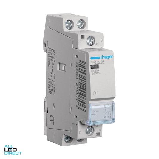 Hager 25 Amp (AC1) 2 Pole Contactor With 230 Volt AC Coil & 2 x N/C Auxilary Contact ALL LED Direct