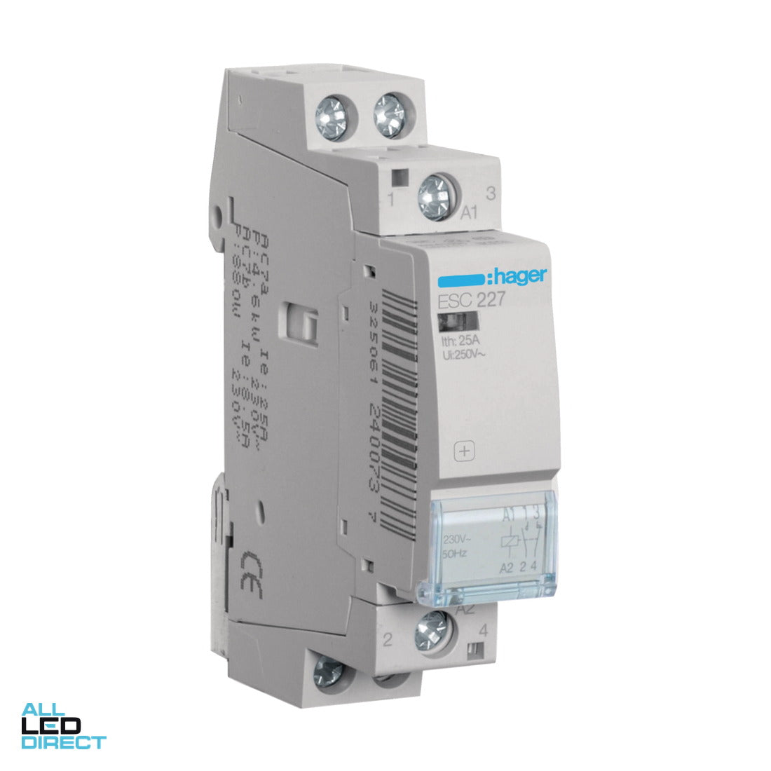 Hager 25 Amp (AC1) 2 Pole Contactor With 230 Volt AC Coil & 1 x N/O & 1 x N/C Auxilary Contact ALL LED Direct