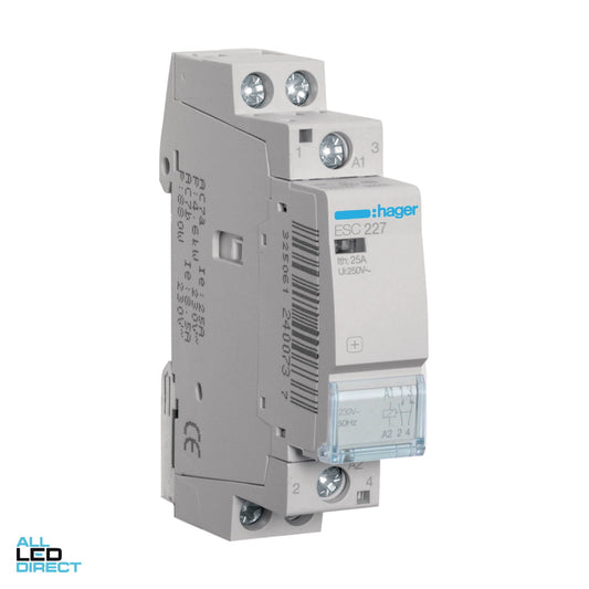 Hager 25 Amp (AC1) 2 Pole Contactor With 230 Volt AC Coil & 1 x N/O & 1 x N/C Auxilary Contact ALL LED Direct