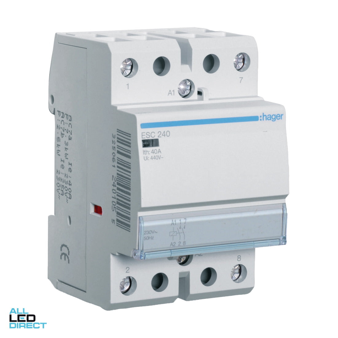 Hager 40 Amp (AC1) 2 Pole Contactor With 230 Volt AC Coil & 2 x N/O Auxilary Contacts ALL LED Direct