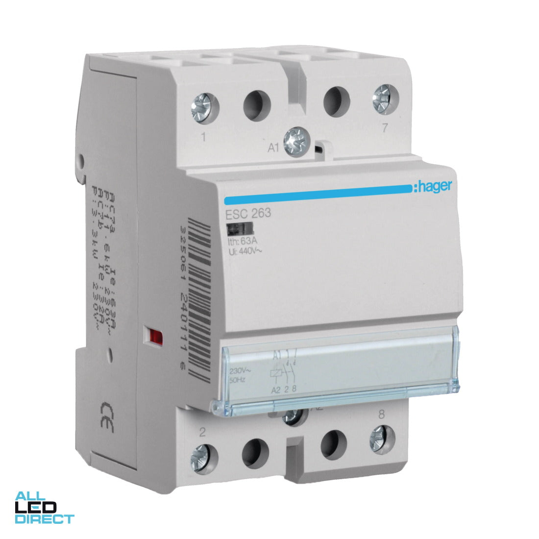 Hager 63 Amp (AC1) 2 Pole Contactor With 230 Volt AC Coil & 2 x N/O Auxilary Contacts ALL LED Direct