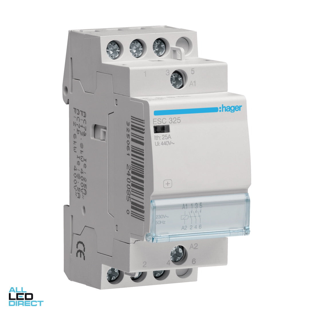 Hager 25 Amp (AC1) 3 Pole Contactor With 230 Volt AC Coil & 3 x N/O Auxiliary Contacts ALL LED Direct