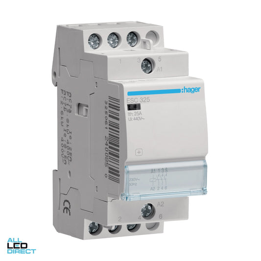 Hager 25 Amp (AC1) 3 Pole Contactor With 230 Volt AC Coil & 3 x N/O Auxiliary Contacts ALL LED Direct