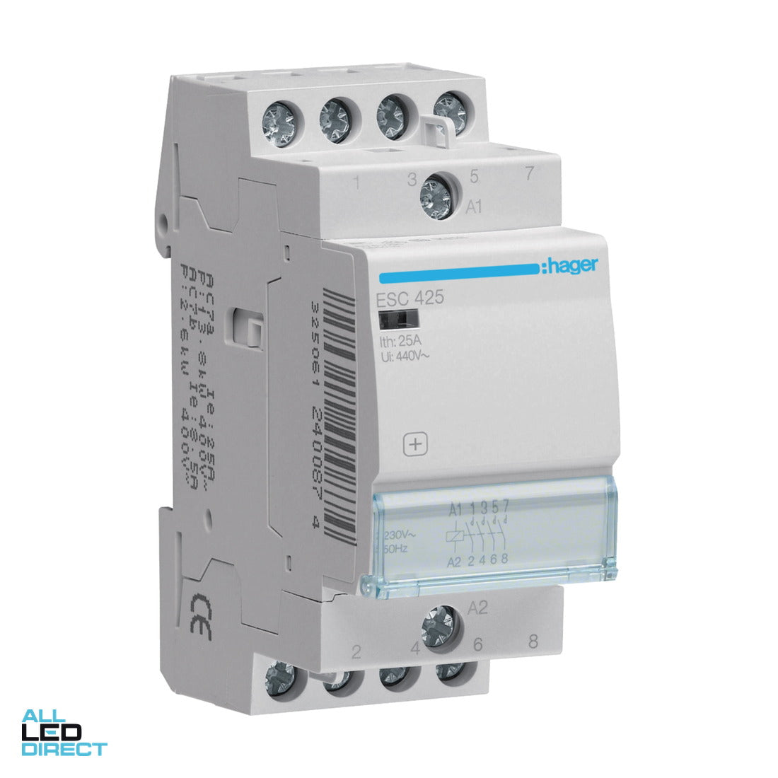 Hager 25 Amp (AC1) 4 Pole Contactor With 230 Volt AC Coil & 4 x N/O Auxilary Contacts ALL LED Direct