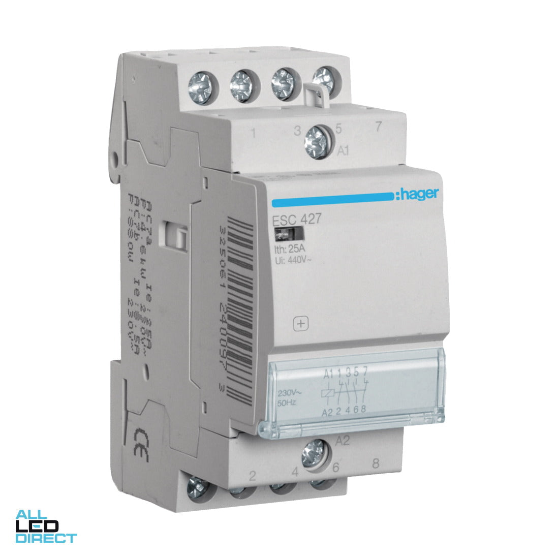 Hager 25 Amp (AC1) 4 Pole Contactor With 230 Volt AC Coil & 2 x N/O & 2 x N/C Auxilary Contacts ALL LED Direct