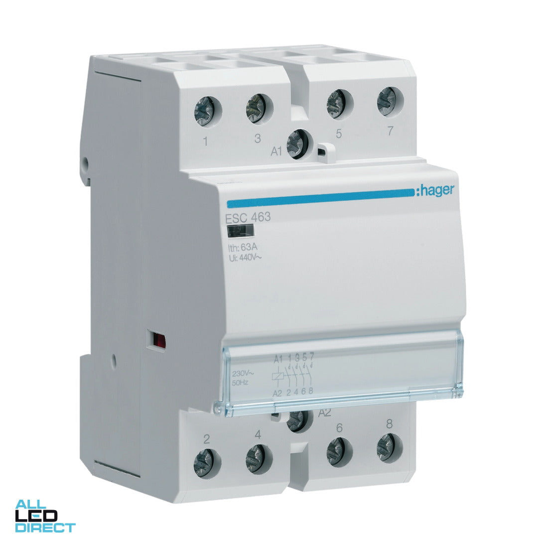 Hager 63 Amp (AC1) 4 Pole Contactor With 230 Volt AC Coil & 4 x N/O Auxilay Contacts ALL LED Direct