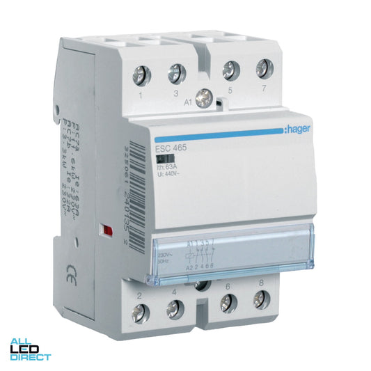 Hager 63 Amp (AC1) 4 Pole Contactor With 230 Volt AC Coil & 2 x N/O & 2 x N/C Auxilary Contacts ALL LED Direct