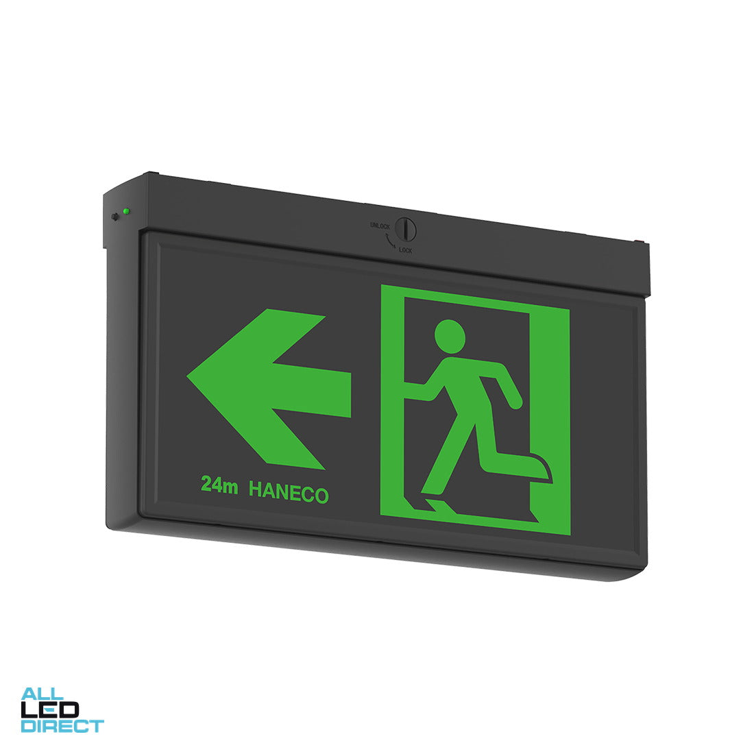 Haneco 1 W LED ESODO Maintained Double Sided Wall or Ceiling Mounted D24 Running Man Exit Sign ALL LED Direct