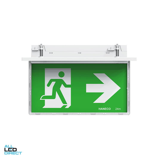 Haneco 1.5 W LED ESODO Double Sided Recessed D24 Slim Running Man Exit Sign ALL LED Direct