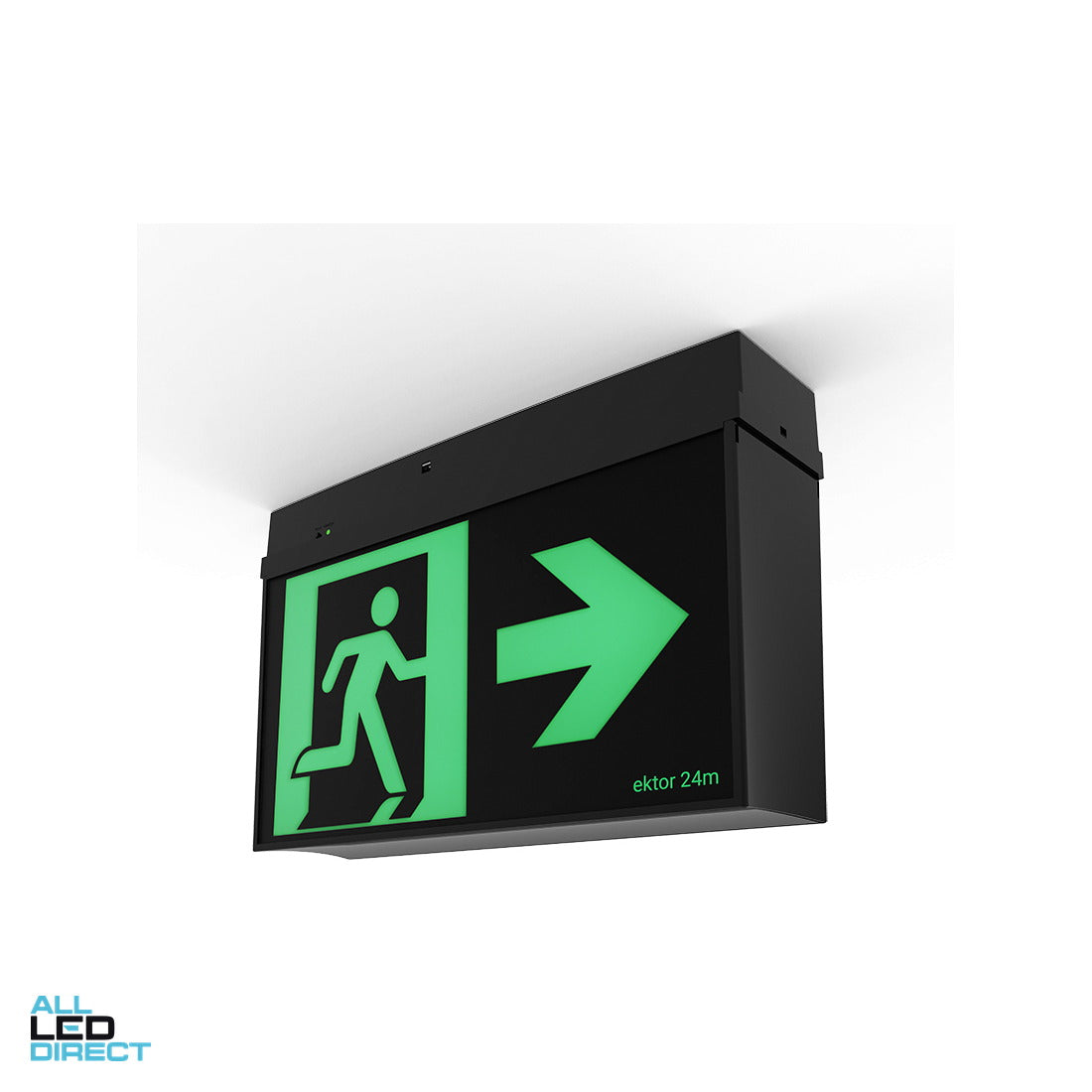 Ektor 1.5 W MERCURY CORE Emergency Running Man Exit Sign 24 Metres IP20 With Self Test Black ALL LED Direct