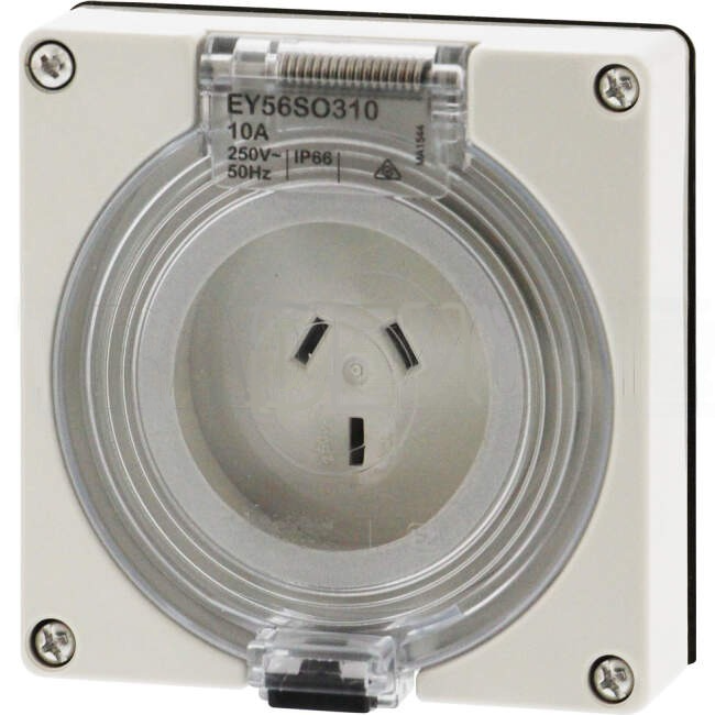 Clipsal 10 Amp EASY56 Single Phase 3 Flat Pins IP66 Industrial Socket Outlet Less Base Grey