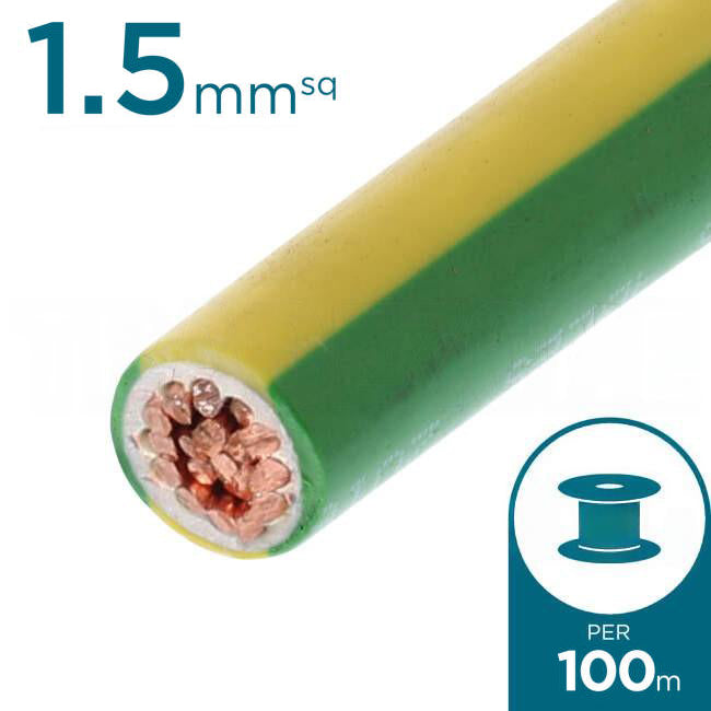 Electra 1.5mm Single Core Flexible Cable V90HT Green/Yellow 100 Metre Drum