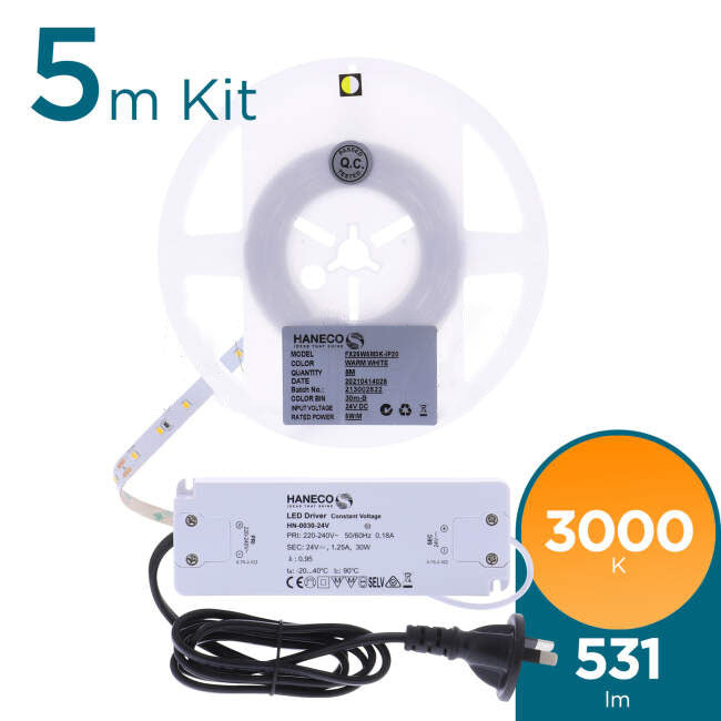 Haneco 5 Watt FLEXION GEN II IP20 5 Metre 24 Volt LED Strip Light Kit With Driver 3000k