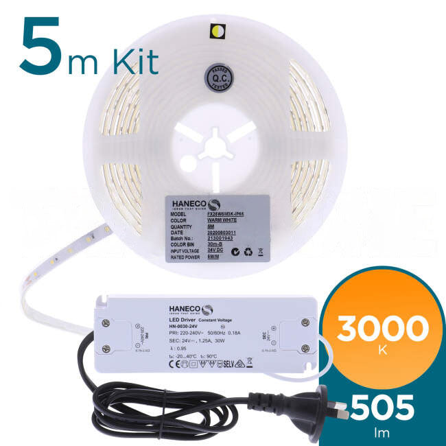 Haneco 5 Watt FLEXION GEN II IP65 5 Metre 24 Volt LED Strip Light Kit With Driver 3000k